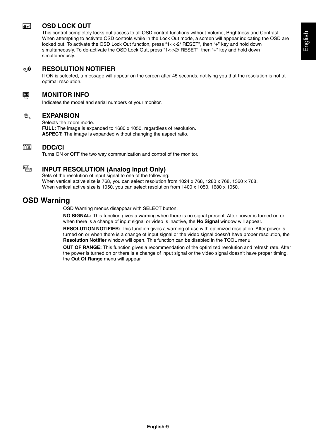 NEC LCD225WNXM, LCD205WNXM user manual OSD Warning, Input Resolution Analog Input Only, English-9 