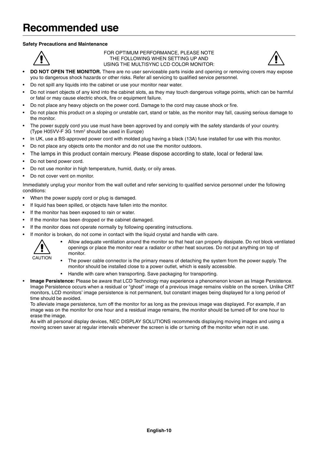 NEC LCD205WNXM, LCD225WNXM user manual Recommended use, Safety Precautions and Maintenance, English-10 