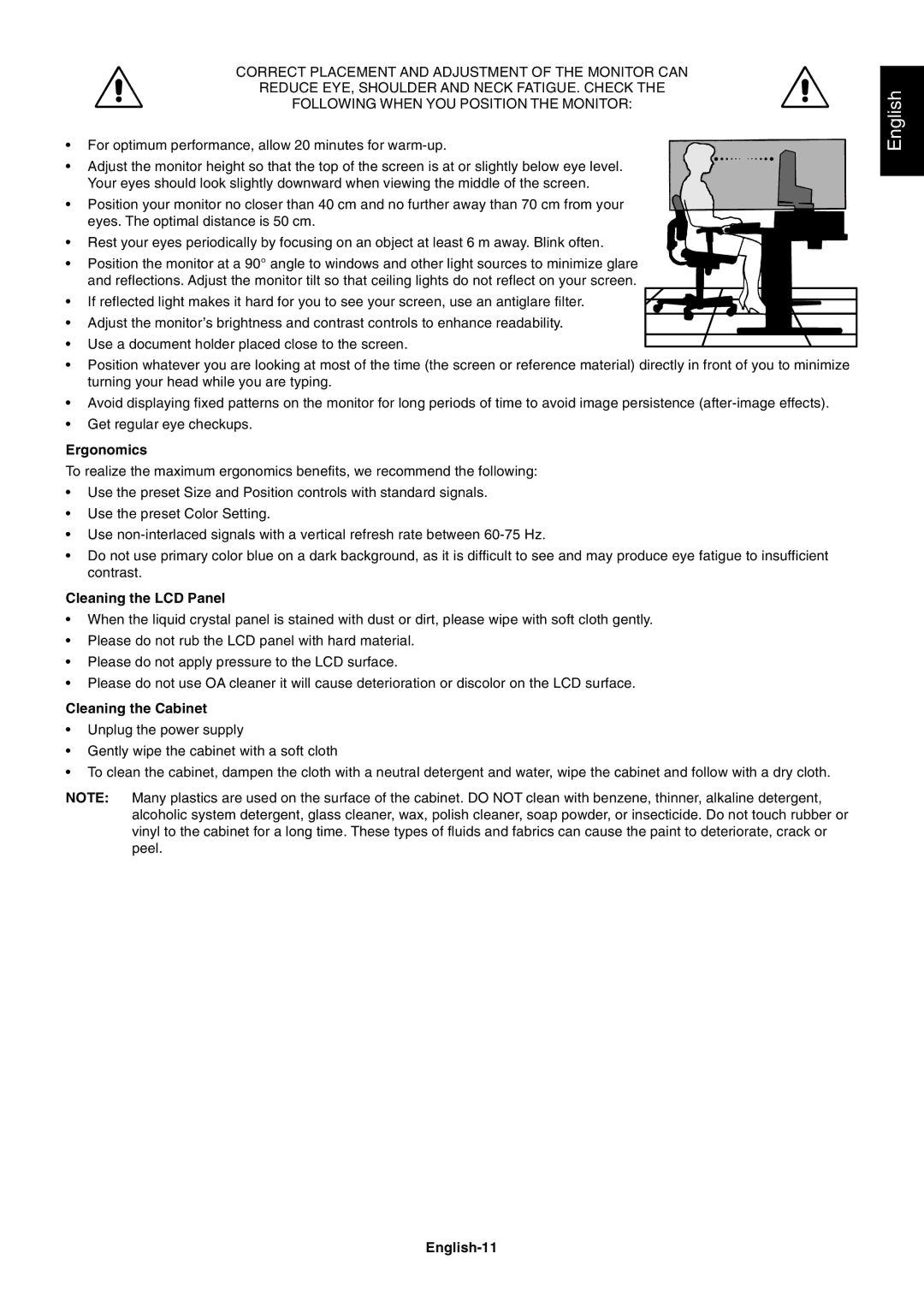 NEC LCD225WNXM, LCD205WNXM user manual Ergonomics, Cleaning the LCD Panel, Cleaning the Cabinet, English-11 