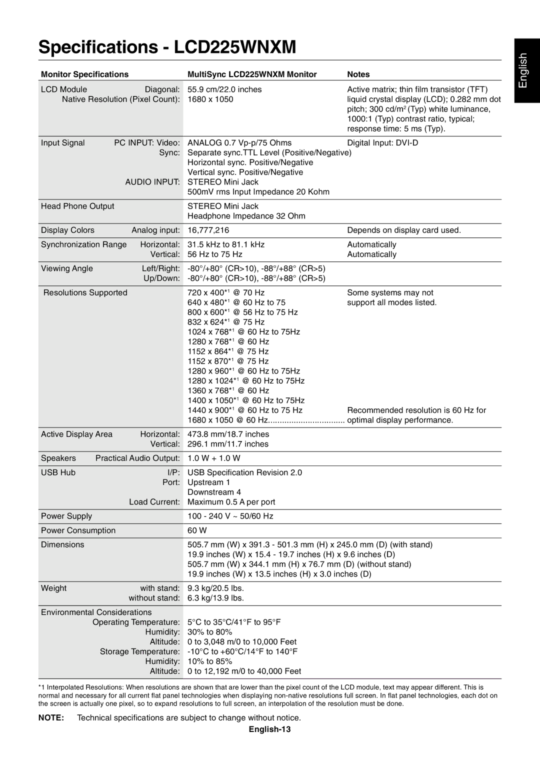 NEC LCD205WNXM user manual Specifications LCD225WNXM, Monitor Specifications MultiSync LCD225WNXM Monitor, English-13 