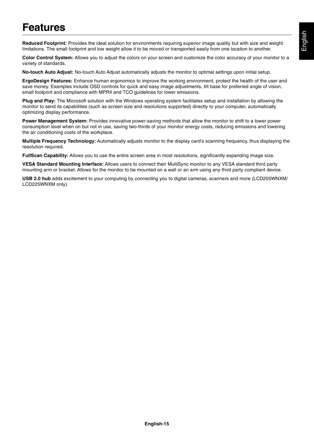 NEC LCD225WNXM, LCD205WNXM user manual Features, English-15 