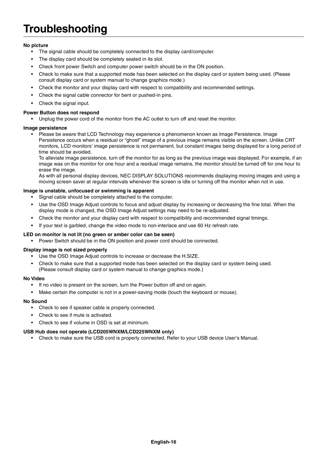 NEC LCD205WNXM, LCD225WNXM user manual Troubleshooting 