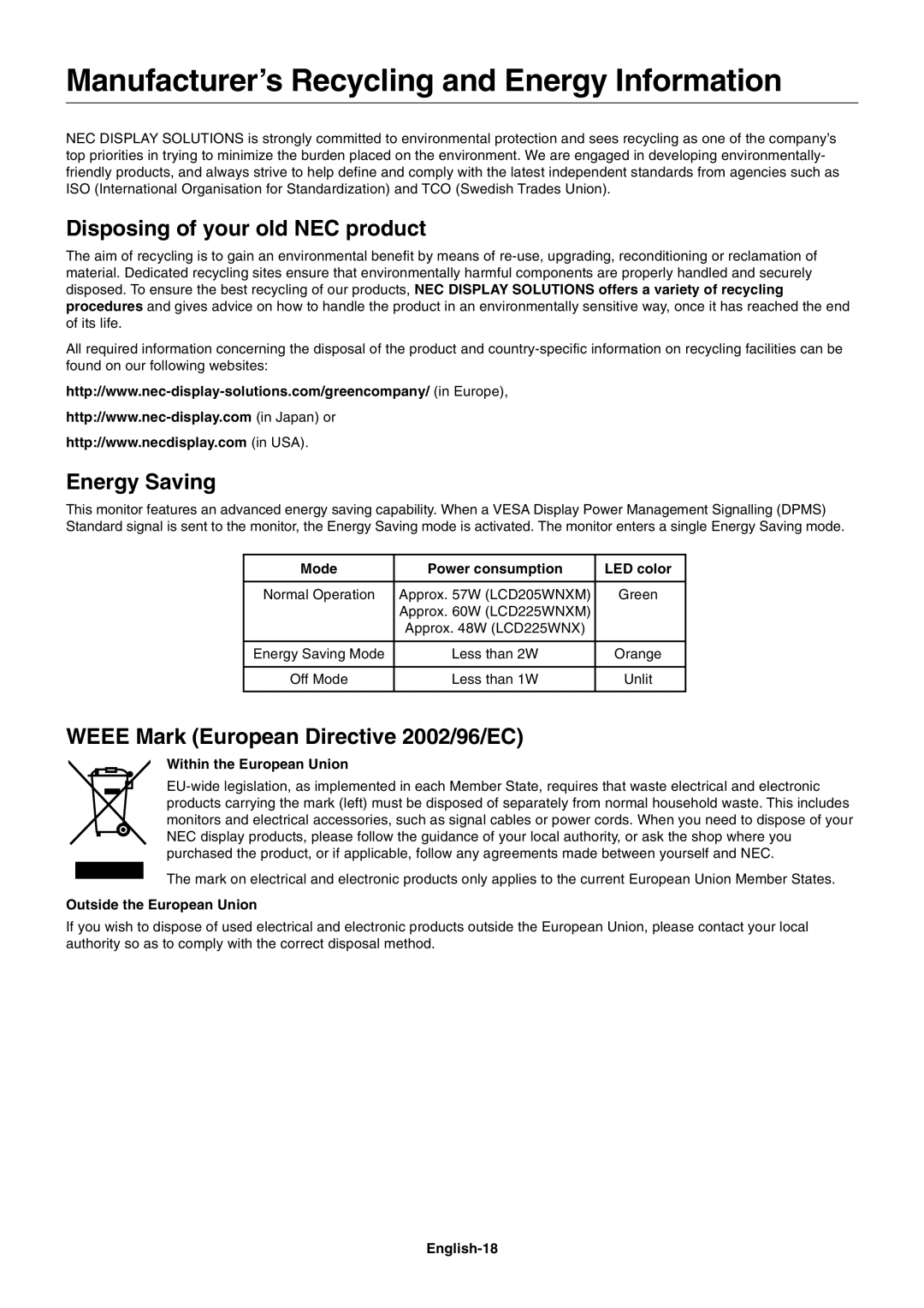 NEC LCD225WNX user manual ManufacturerÕs Recycling and Energy Information, Disposing of your old NEC product, Energy Saving 