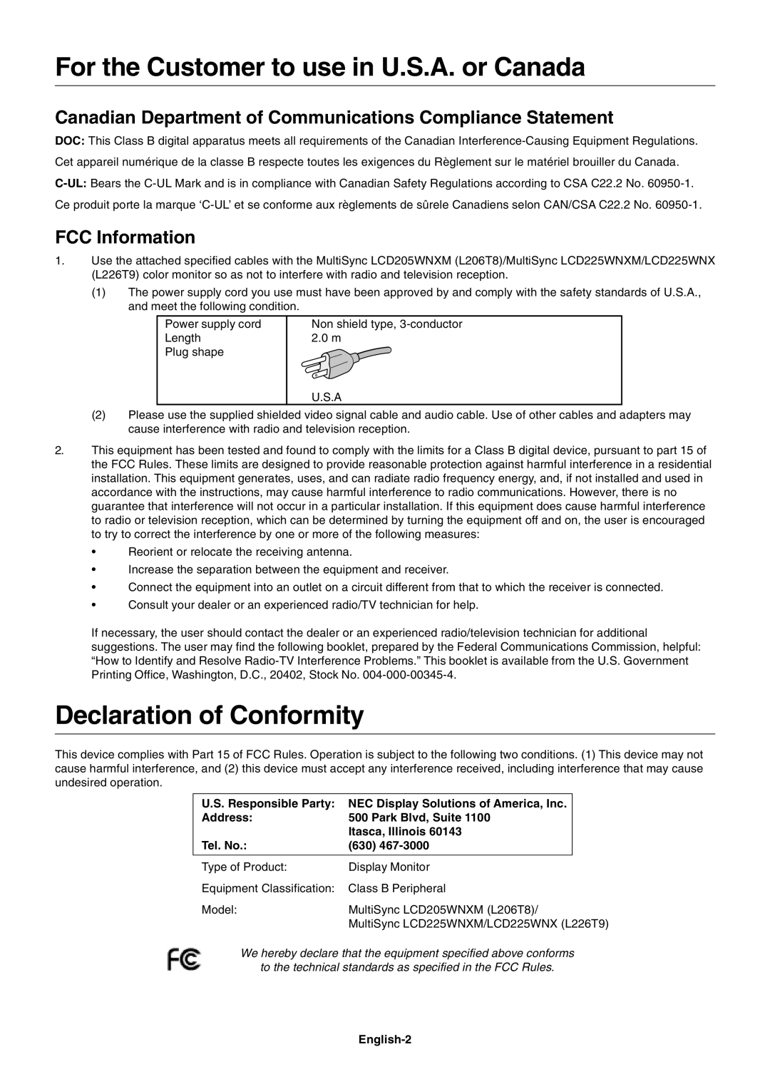 NEC LCD225WNXM For the Customer to use in U.S.A. or Canada, Declaration of Conformity, FCC Information, English-2 