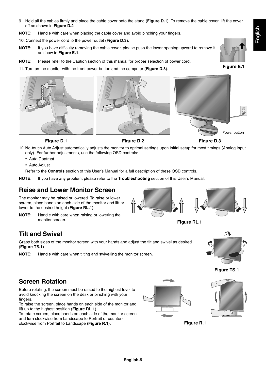 NEC LCD225WNXM, LCD205WNXM user manual Raise and Lower Monitor Screen, Tilt and Swivel, Screen Rotation, English-5 