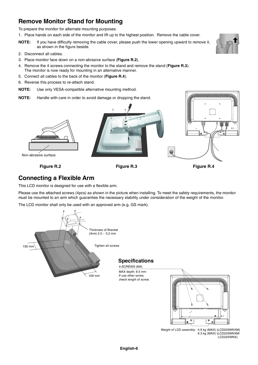 NEC LCD225WNXM, LCD205WNXM Remove Monitor Stand for Mounting, Connecting a Flexible Arm, Specifications, English-6 