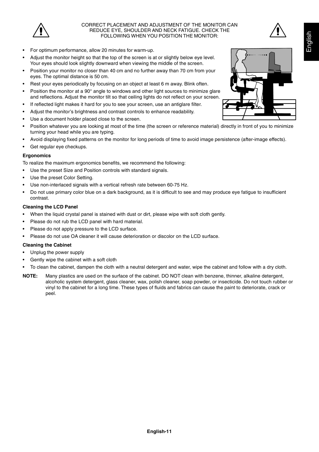 NEC LCD225WNXM, LCD205WNXM user manual Ergonomics, Cleaning the LCD Panel, Cleaning the Cabinet, English-11 