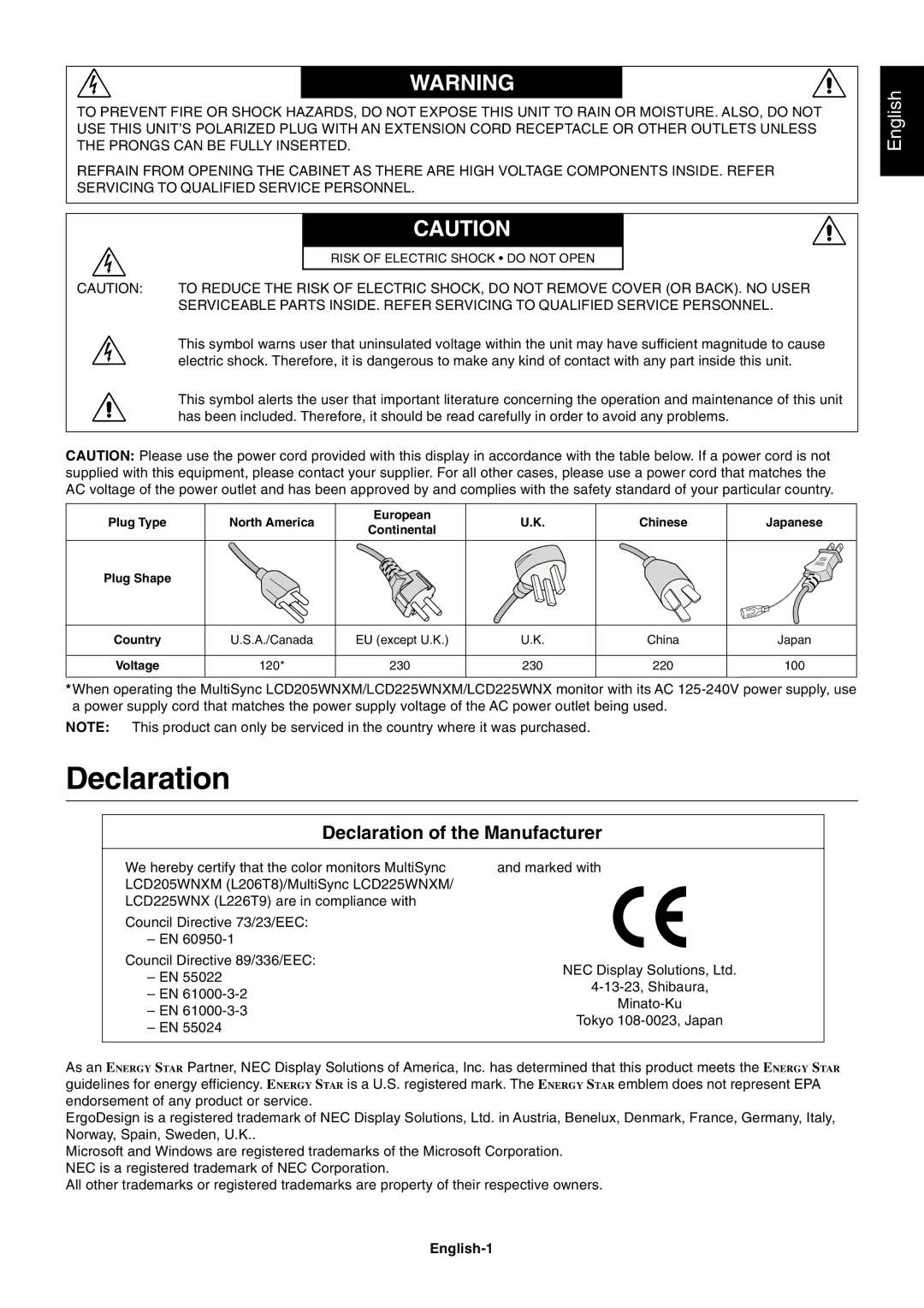 NEC LCD205WNXM, LCD225WNXM user manual Declaration of the Manufacturer, English-1 