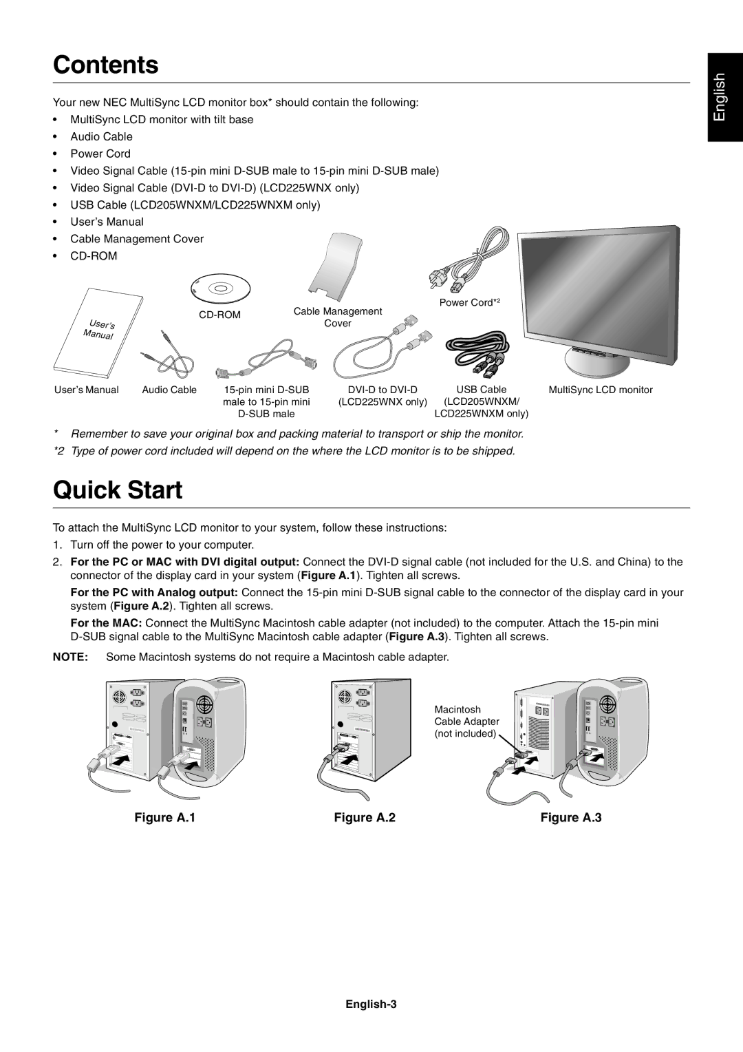 NEC LCD225WNXM, LCD205WNXM user manual Contents, Quick Start 