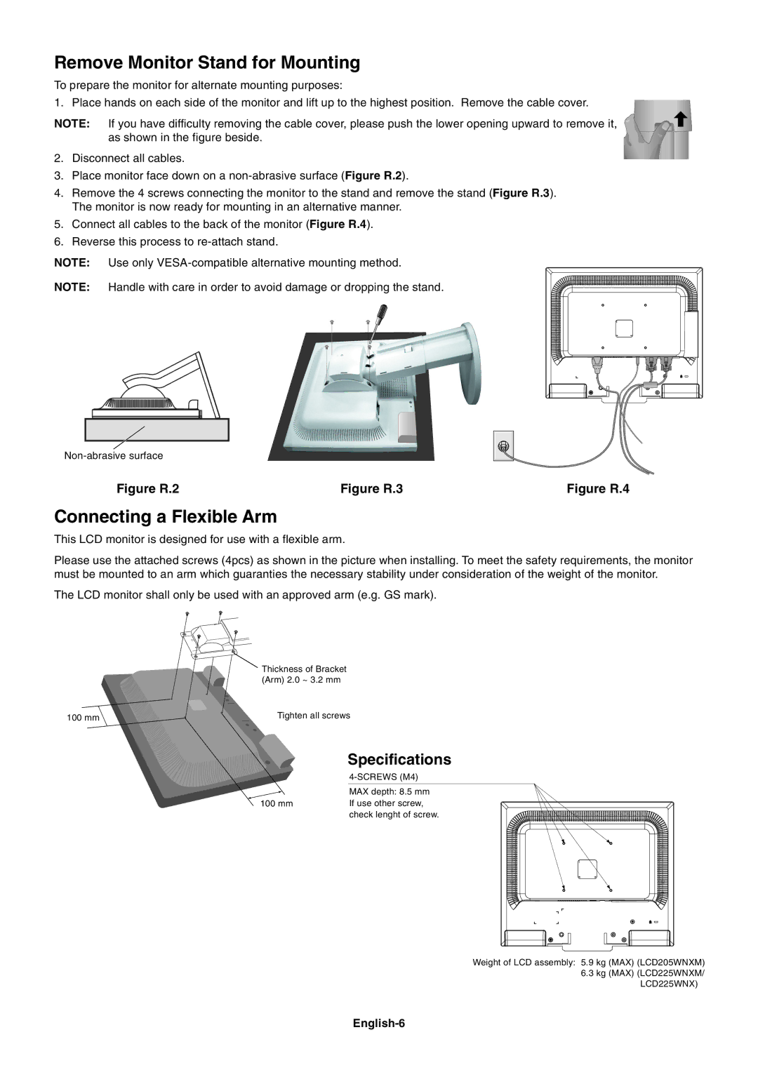 NEC LCD225WNXM, LCD205WNXM Remove Monitor Stand for Mounting, Connecting a Flexible Arm, Specifications, English-6 