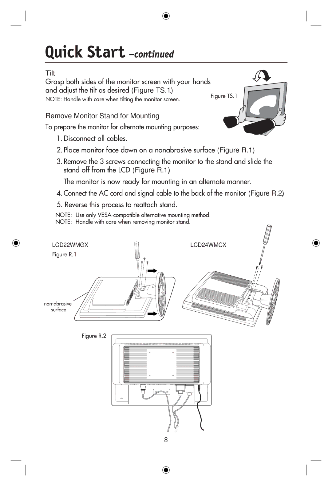 NEC LCD22WMGX, LCD24WMCX user manual Tilt, Remove Monitor Stand for Mounting 