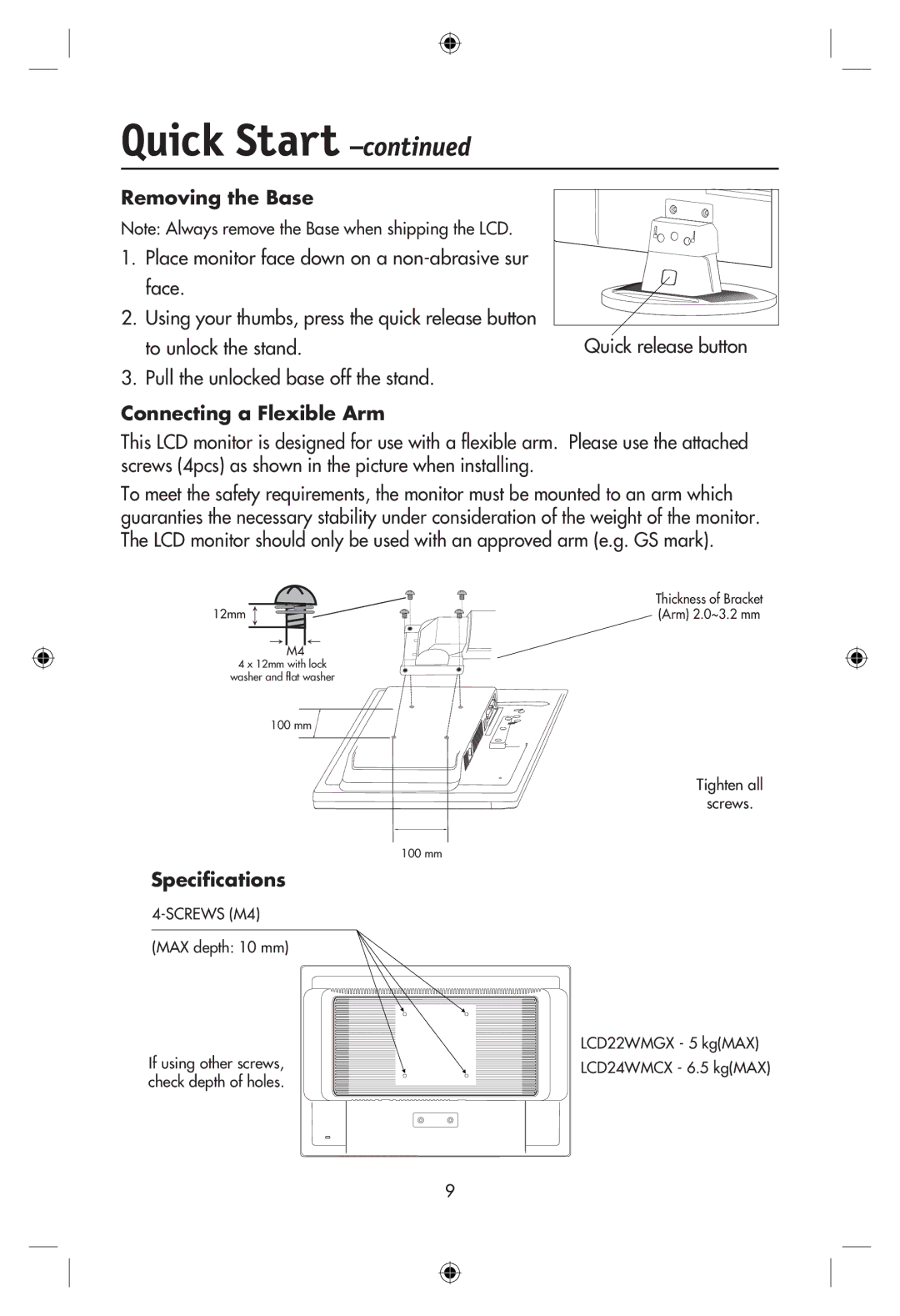 NEC LCD22WMGX, LCD24WMCX user manual Removing the Base, Connecting a Flexible Arm, Speciﬁcations, Quick release button 