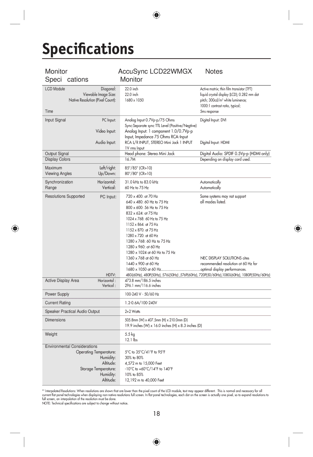 NEC LCD22WMGX, LCD24WMCX user manual Monitor AccuSync LCD22WMGX Speciﬁcations 