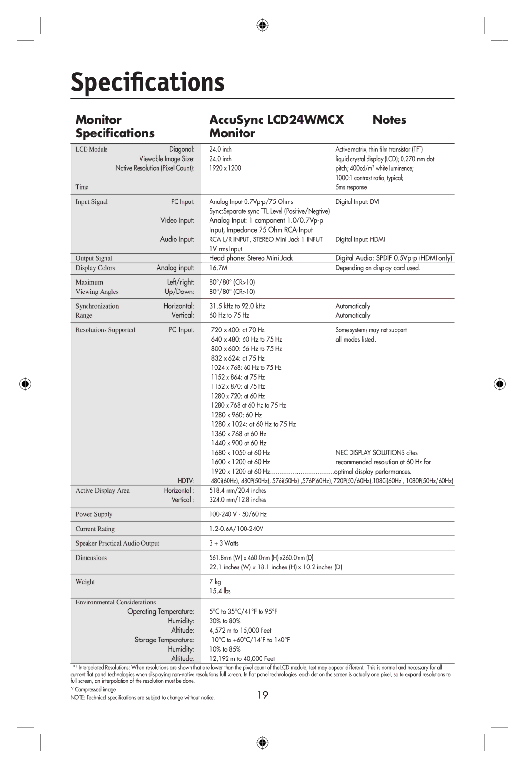 NEC LCD22WMGX, LCD24WMCX user manual Monitor AccuSync LCD24WMCX Speciﬁcations 