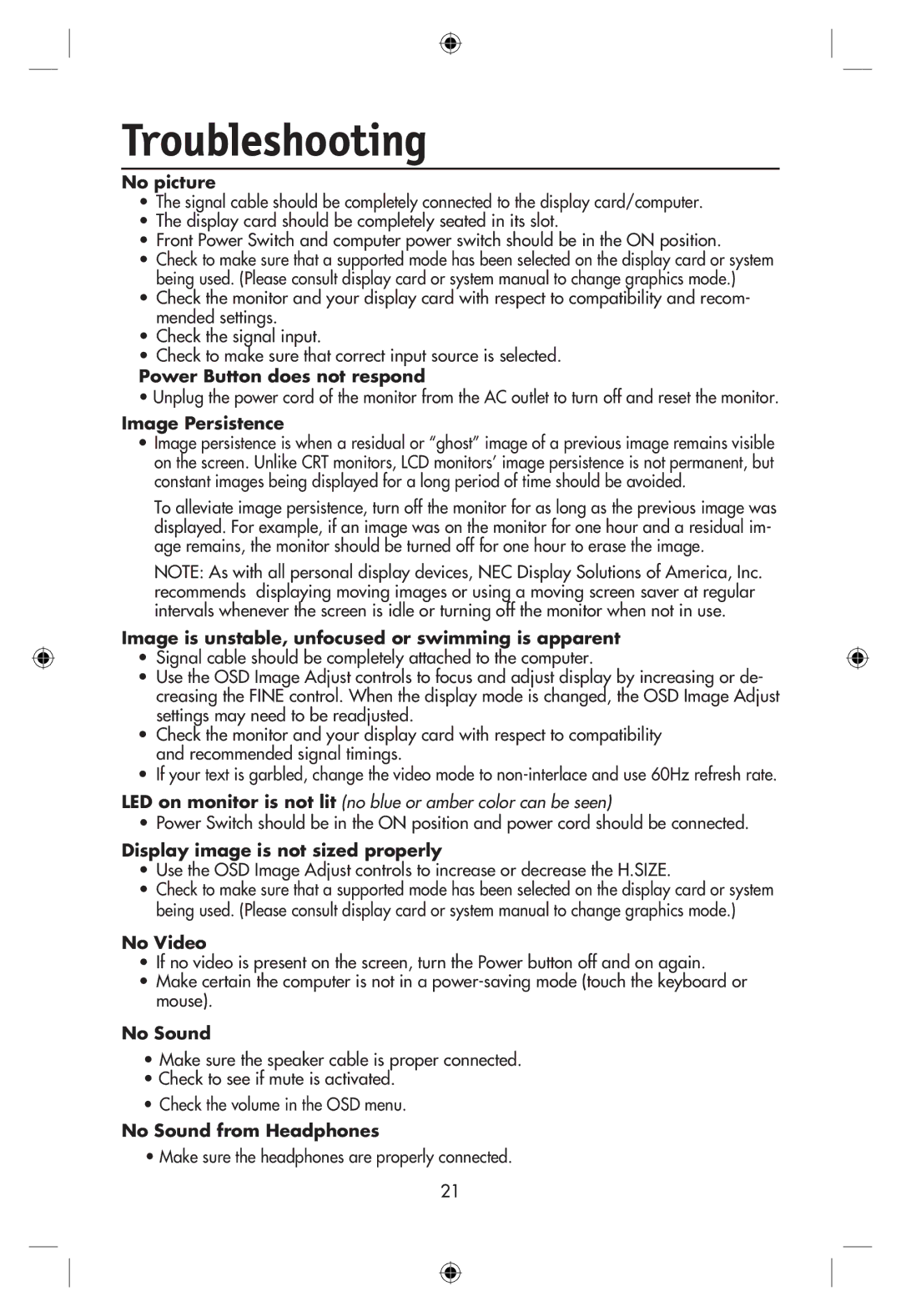 NEC LCD22WMGX, LCD24WMCX user manual Troubleshooting, Make sure the headphones are properly connected 