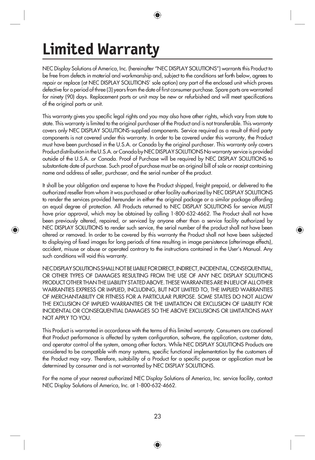 NEC LCD22WMGX, LCD24WMCX user manual Limited Warranty 