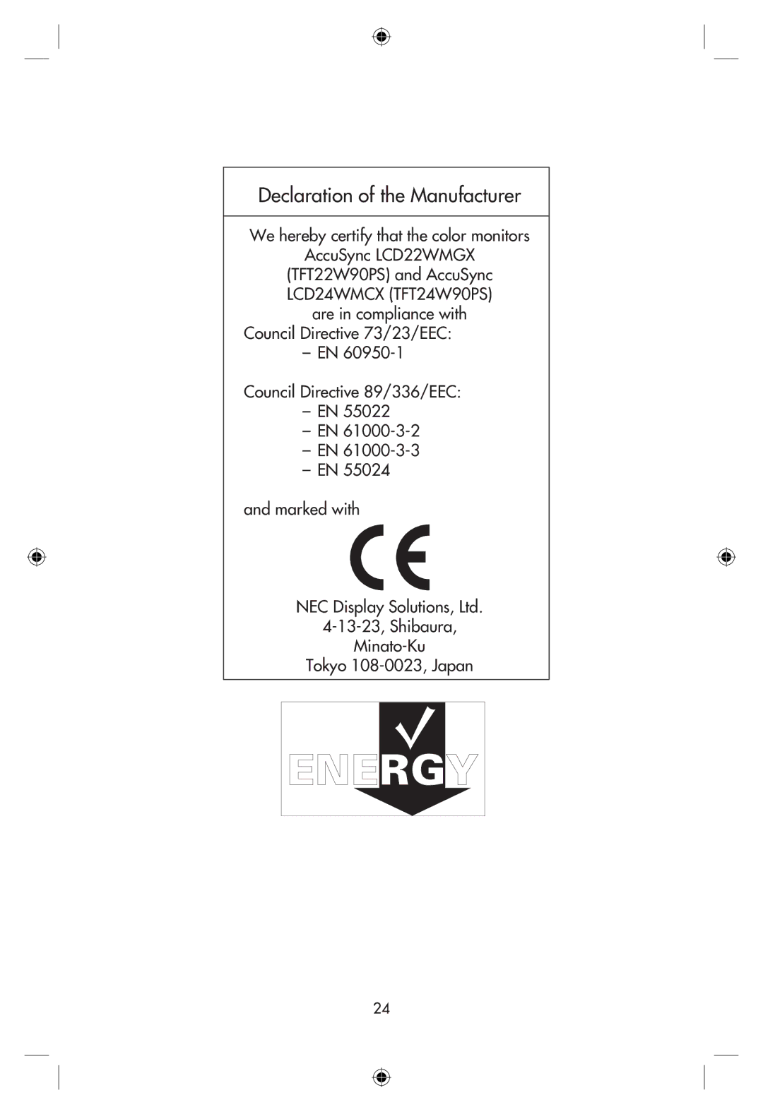 NEC LCD22WMGX, LCD24WMCX user manual Declaration of the Manufacturer 