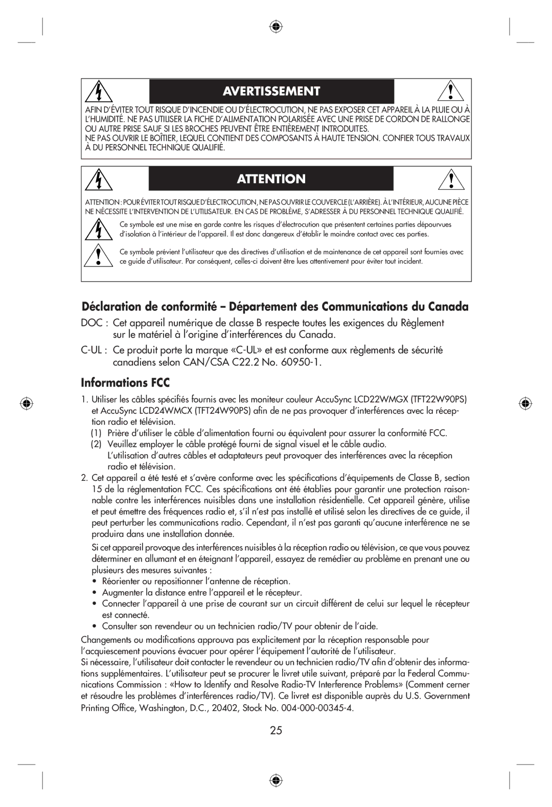 NEC LCD22WMGX, LCD24WMCX user manual Avertissement, Informations FCC 