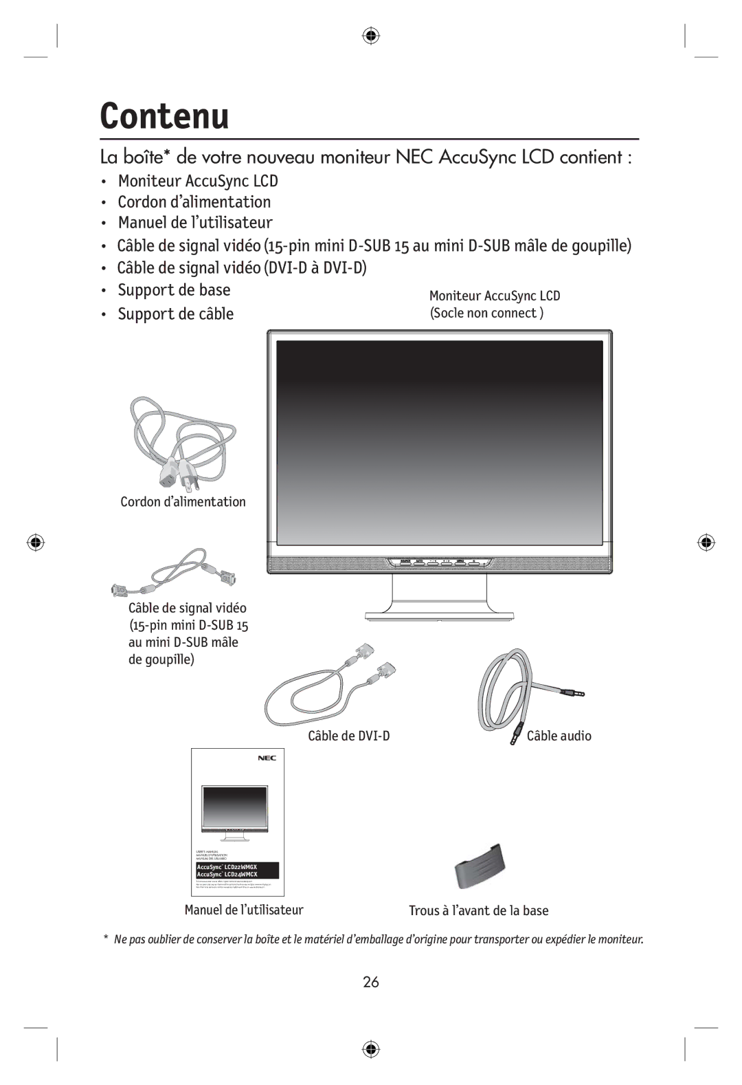 NEC LCD22WMGX, LCD24WMCX user manual Contenu, Câble de DVI-D 