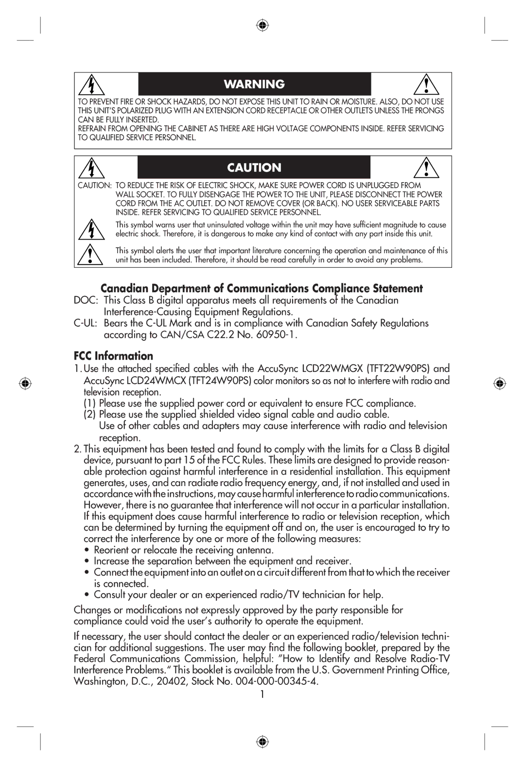 NEC LCD22WMGX, LCD24WMCX user manual Canadian Department of Communications Compliance Statement, FCC Information 