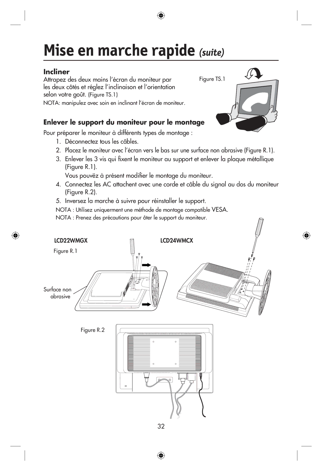 NEC LCD22WMGX, LCD24WMCX user manual Incliner, Enlever le support du moniteur pour le montage 