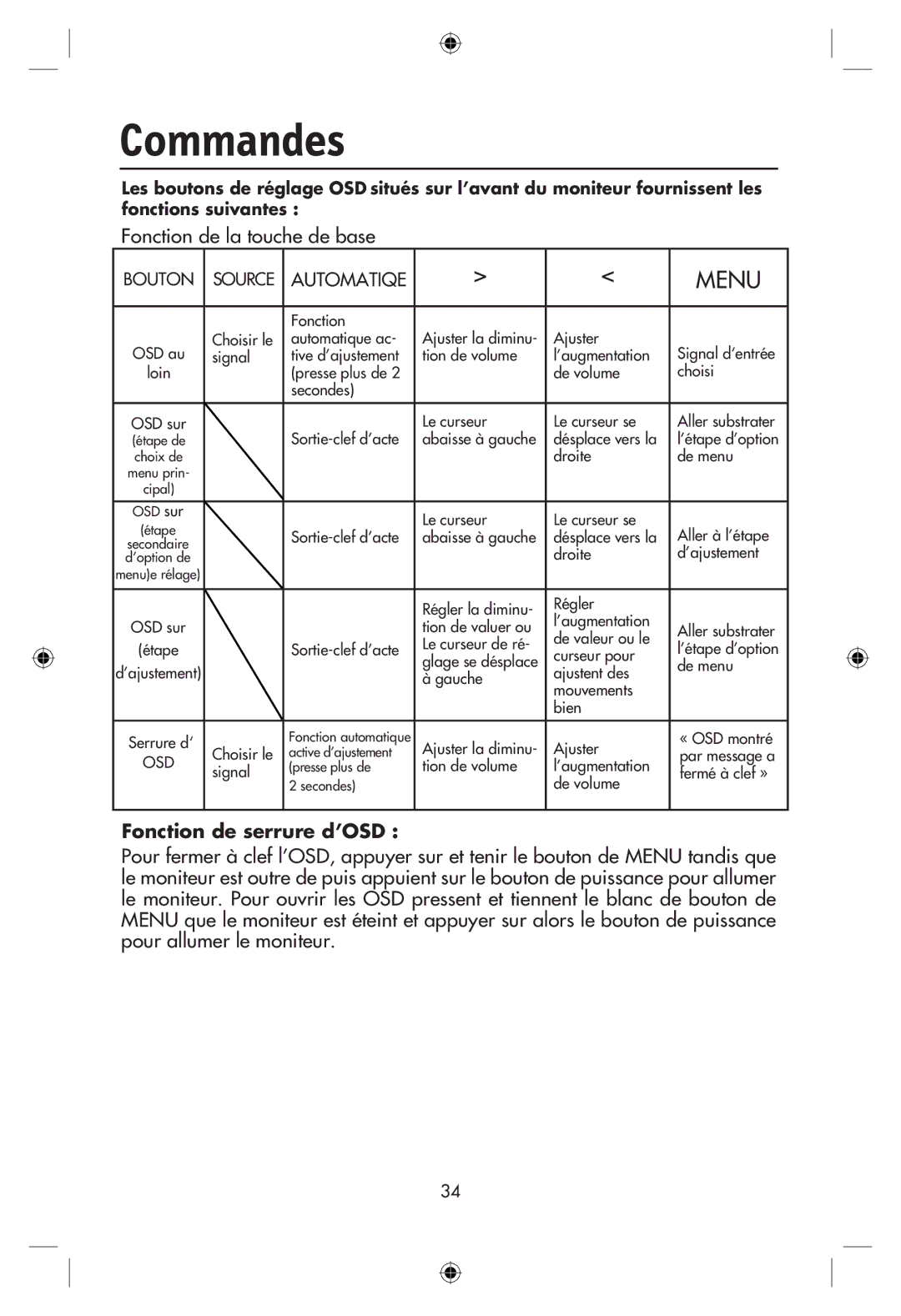 NEC LCD22WMGX, LCD24WMCX user manual Commandes, Fonction de serrure d’OSD 