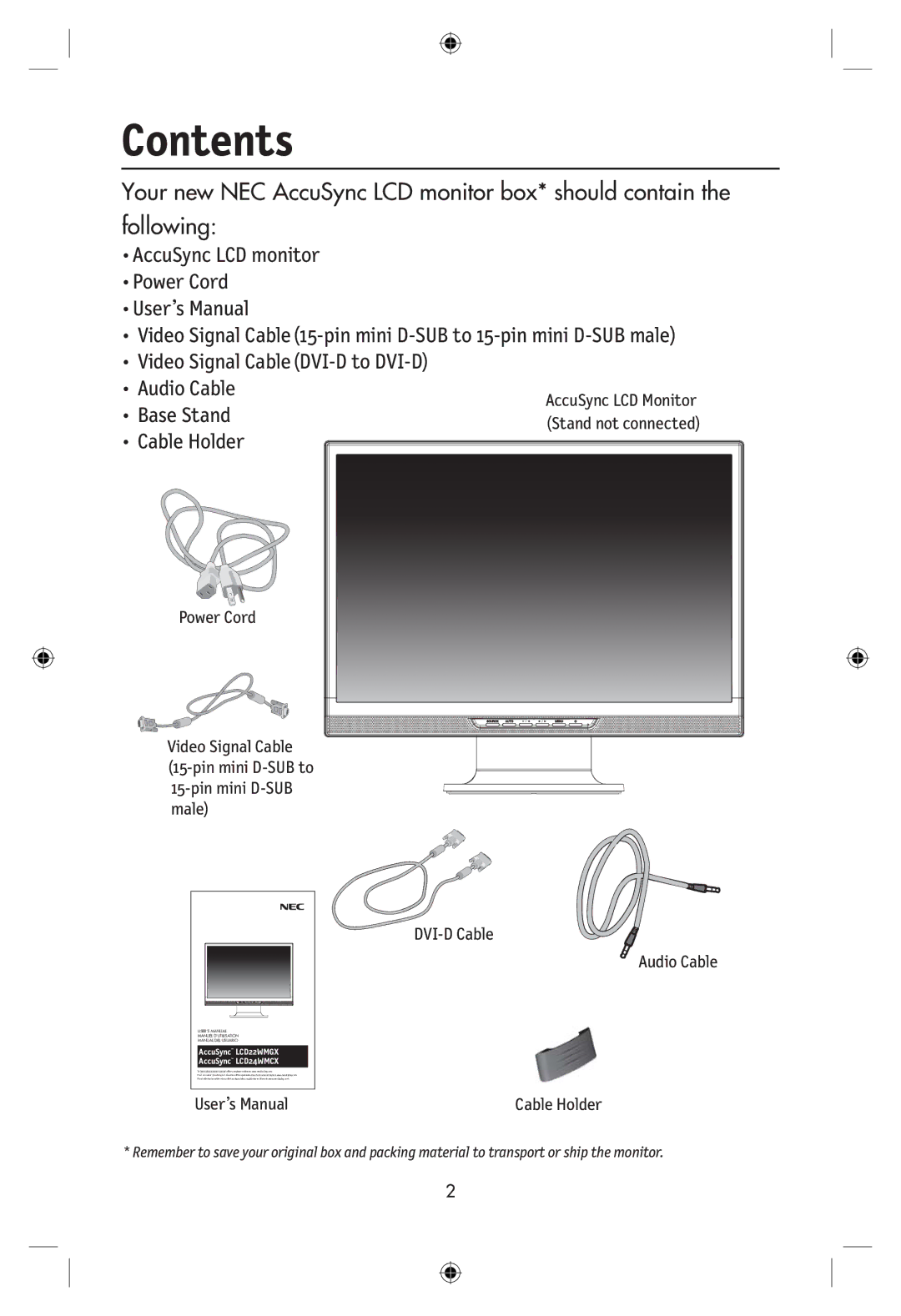 NEC LCD22WMGX, LCD24WMCX user manual Contents 