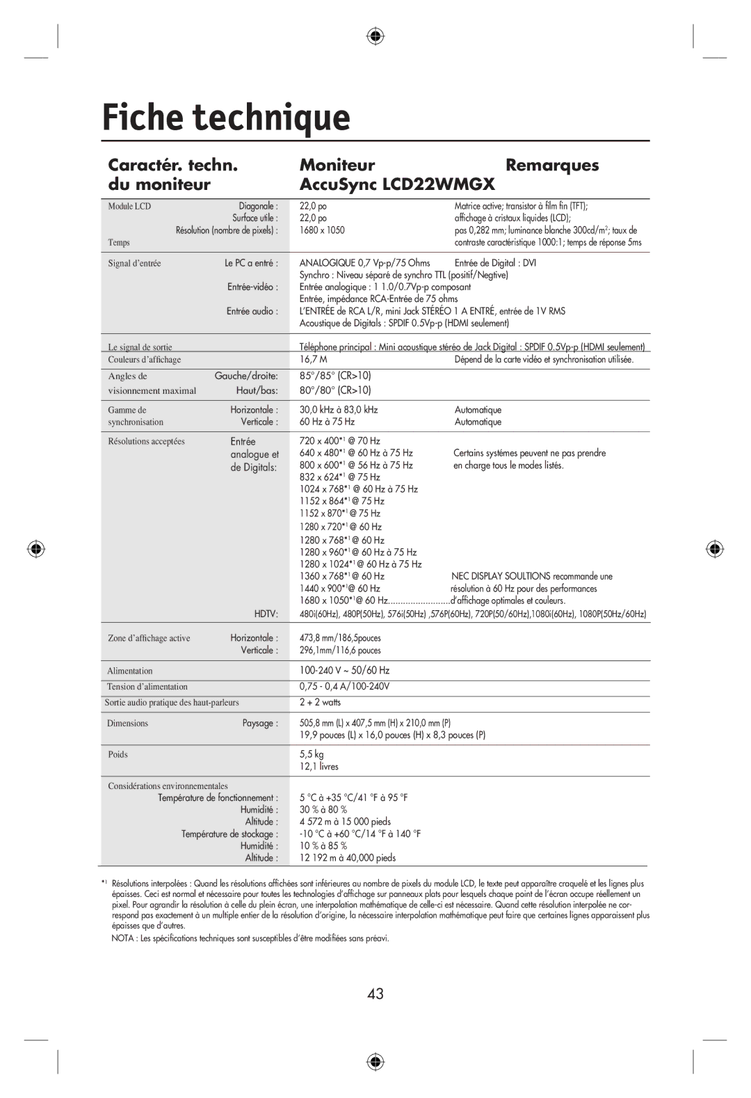 NEC LCD22WMGX, LCD24WMCX user manual Fiche technique, De Digitals 