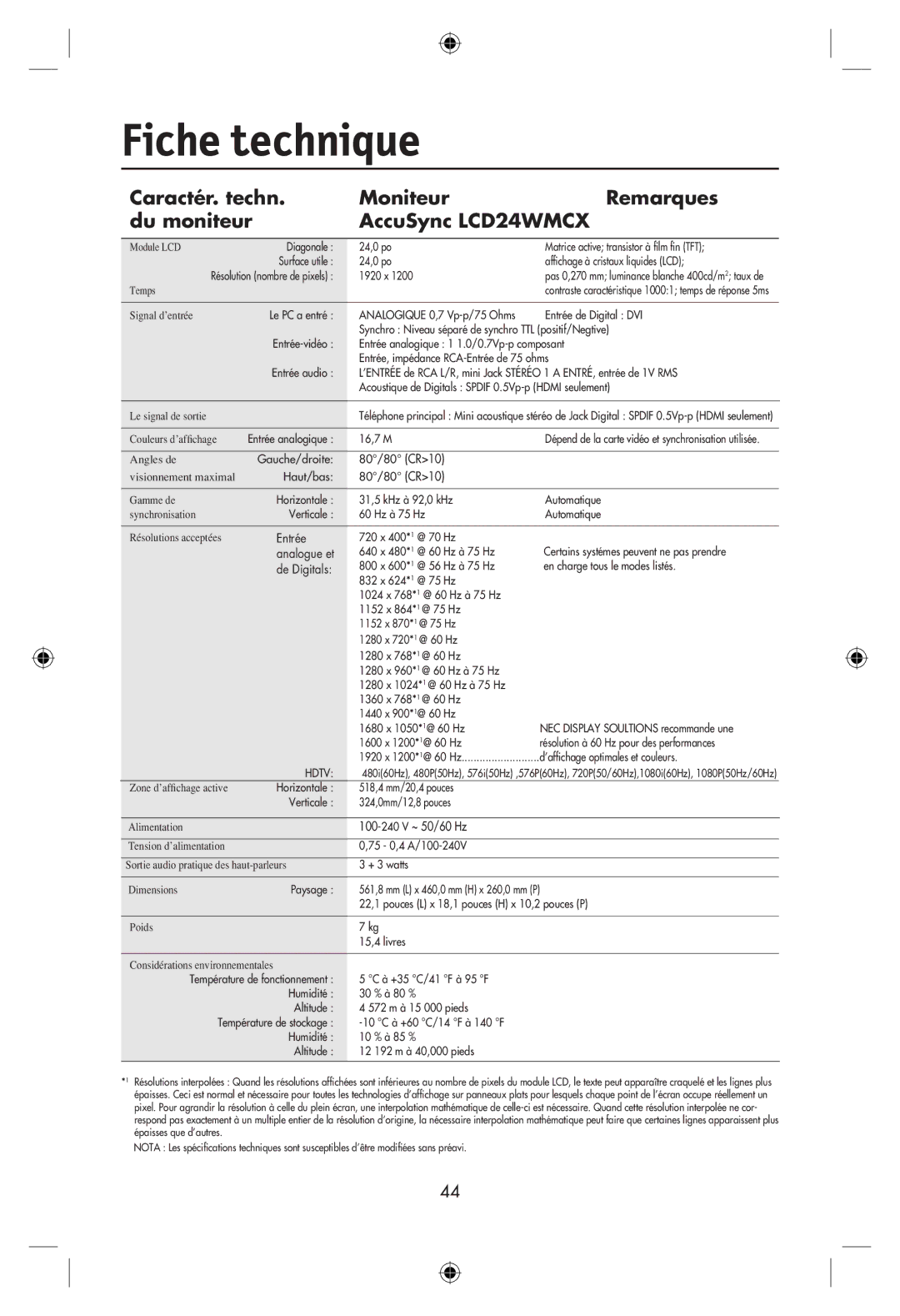 NEC LCD22WMGX, LCD24WMCX user manual Gauche/droite 80/80 CR10 