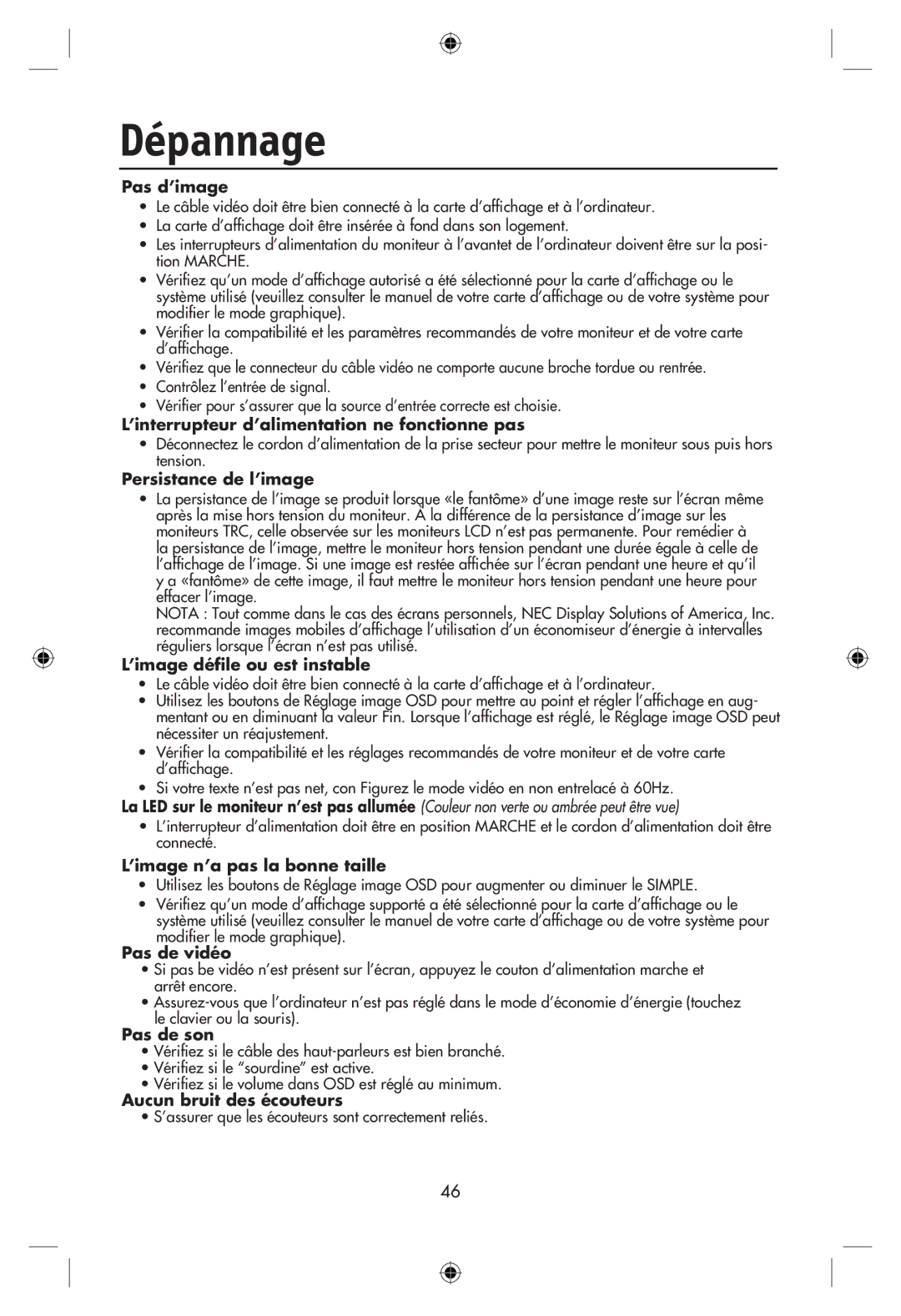 NEC LCD22WMGX, LCD24WMCX user manual Dépannage, Pas d’image 