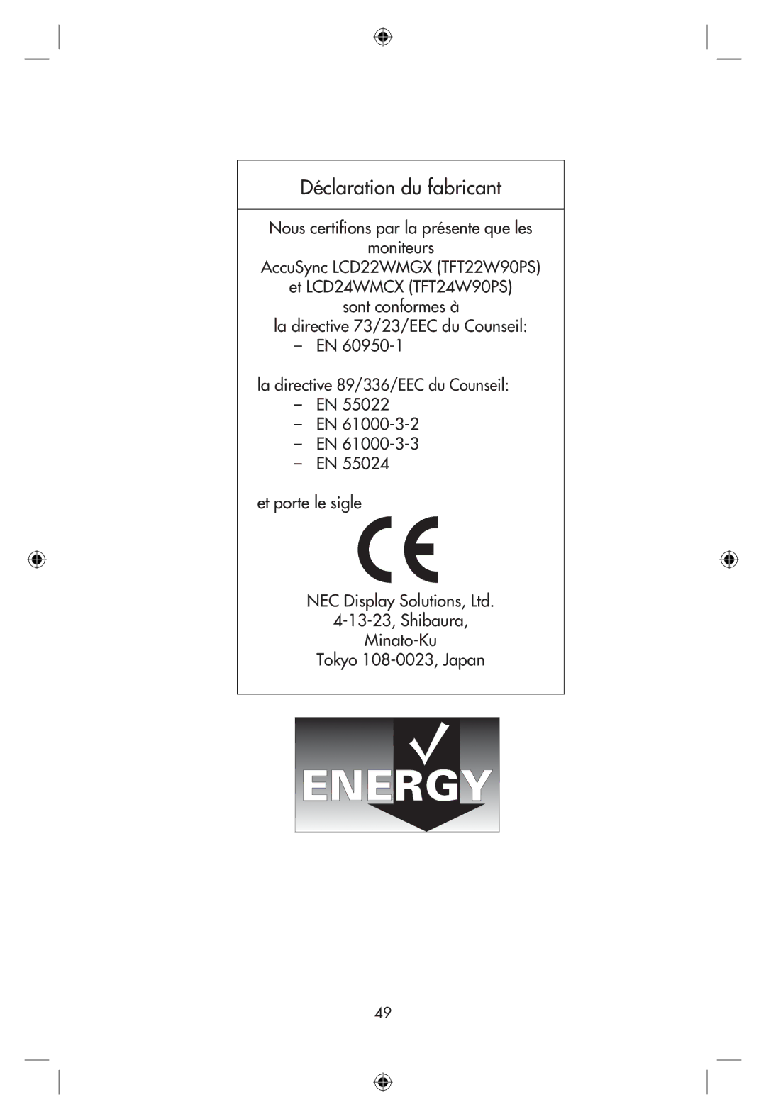 NEC LCD22WMGX, LCD24WMCX user manual Déclaration du fabricant 