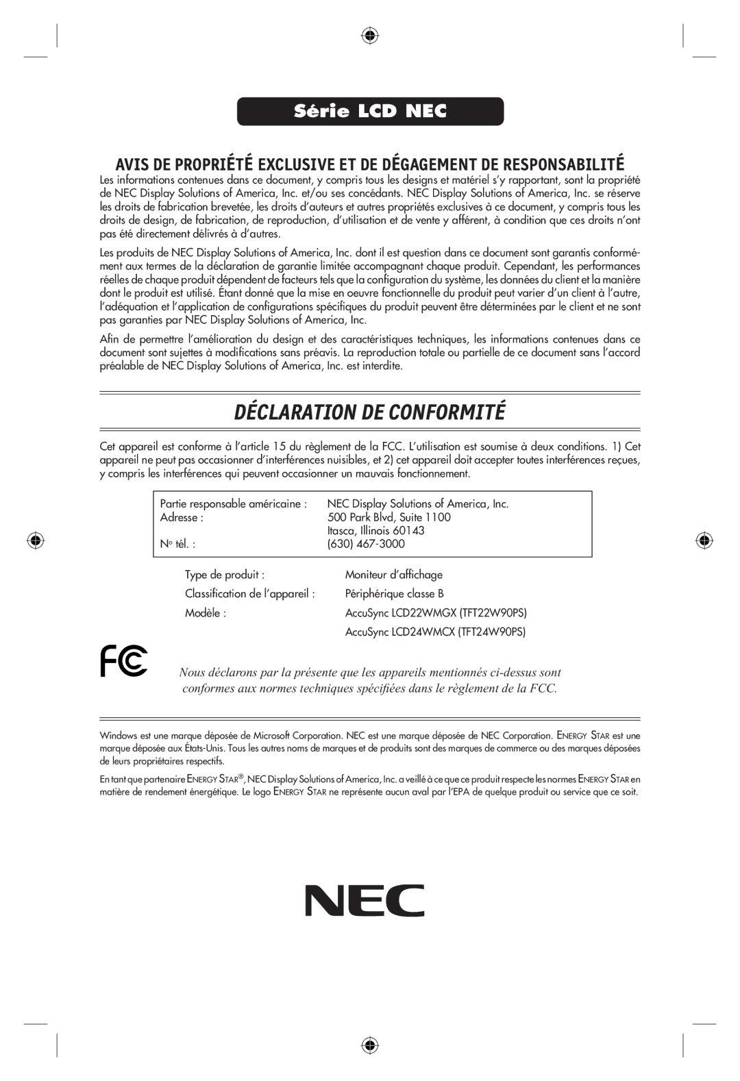 NEC LCD22WMGX, LCD24WMCX user manual Déclaration DE Conformité 