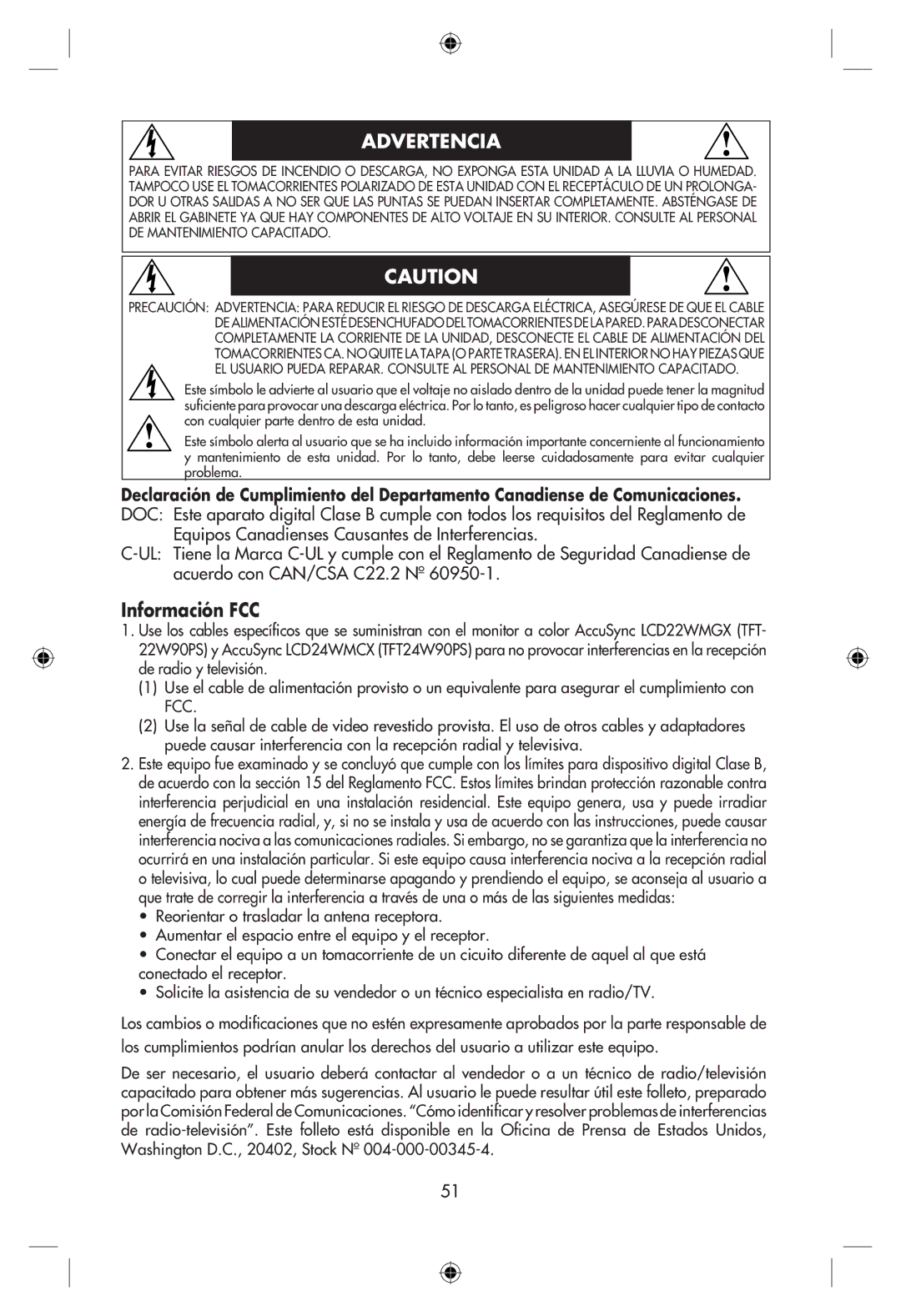 NEC LCD22WMGX, LCD24WMCX user manual Advertencia, Información FCC 