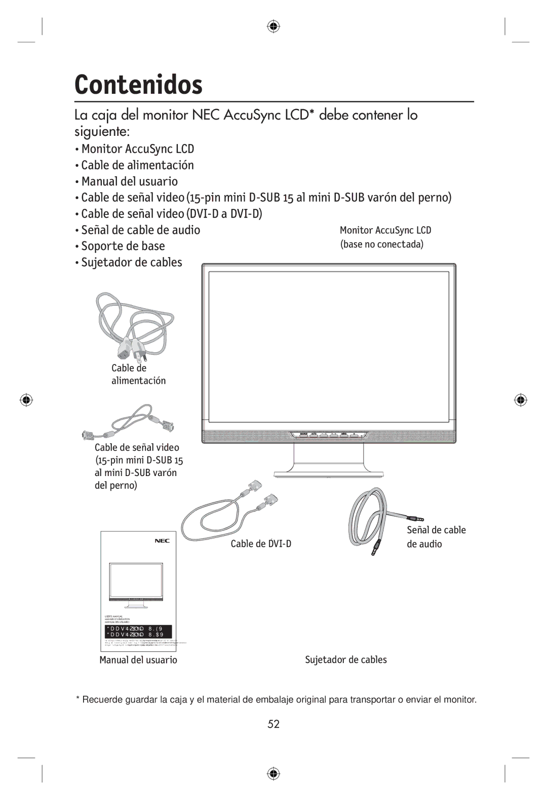 NEC LCD22WMGX, LCD24WMCX user manual Contenidos, Sujetador de cables 