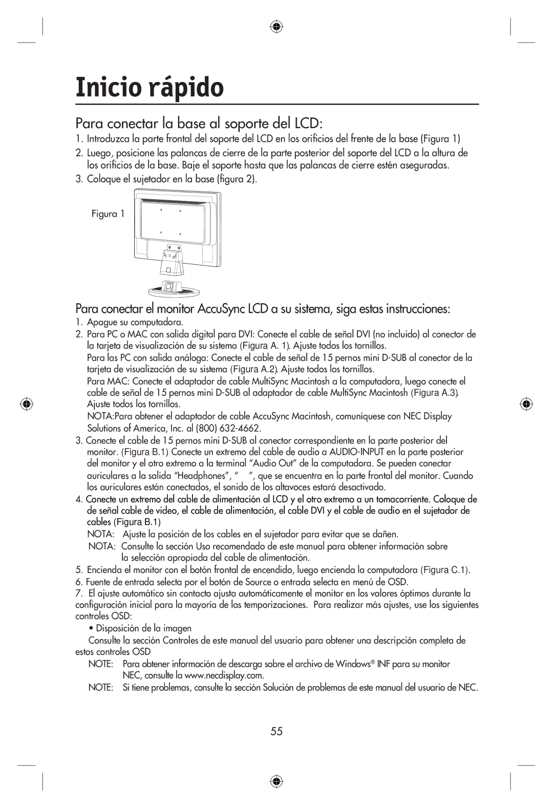 NEC LCD22WMGX, LCD24WMCX user manual Inicio rápido, Para conectar la base al soporte del LCD 