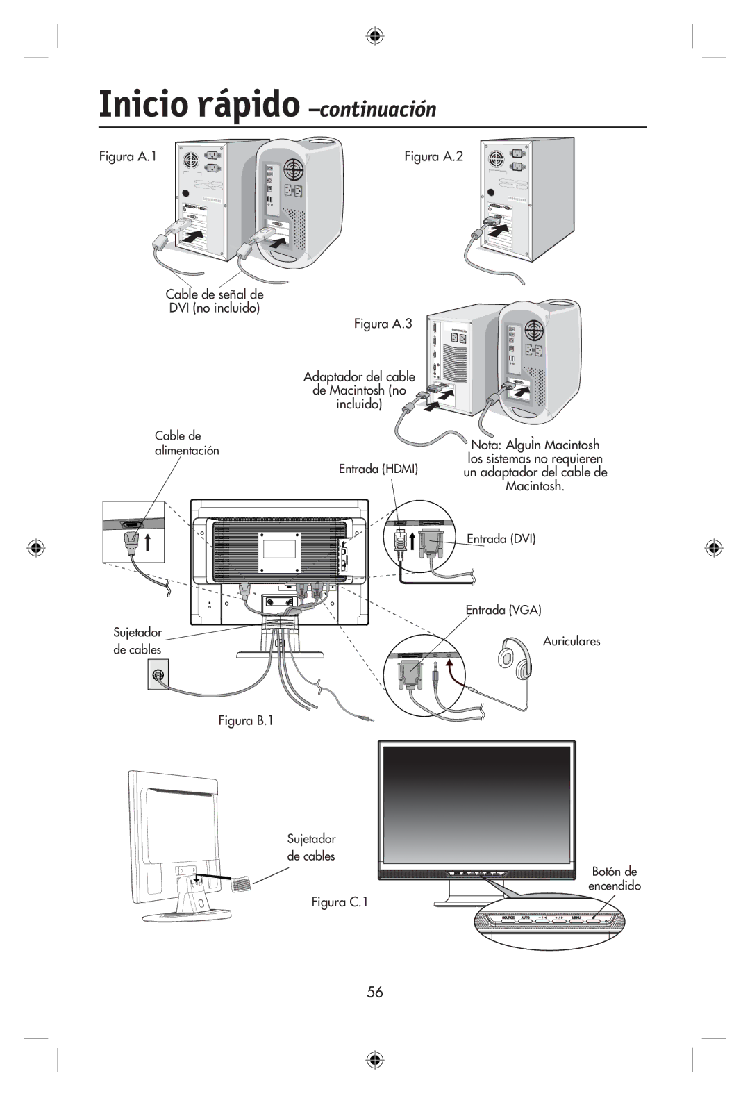 NEC LCD22WMGX, LCD24WMCX user manual Inicio rápido -continuación, Cable de señal de DVI no incluido 