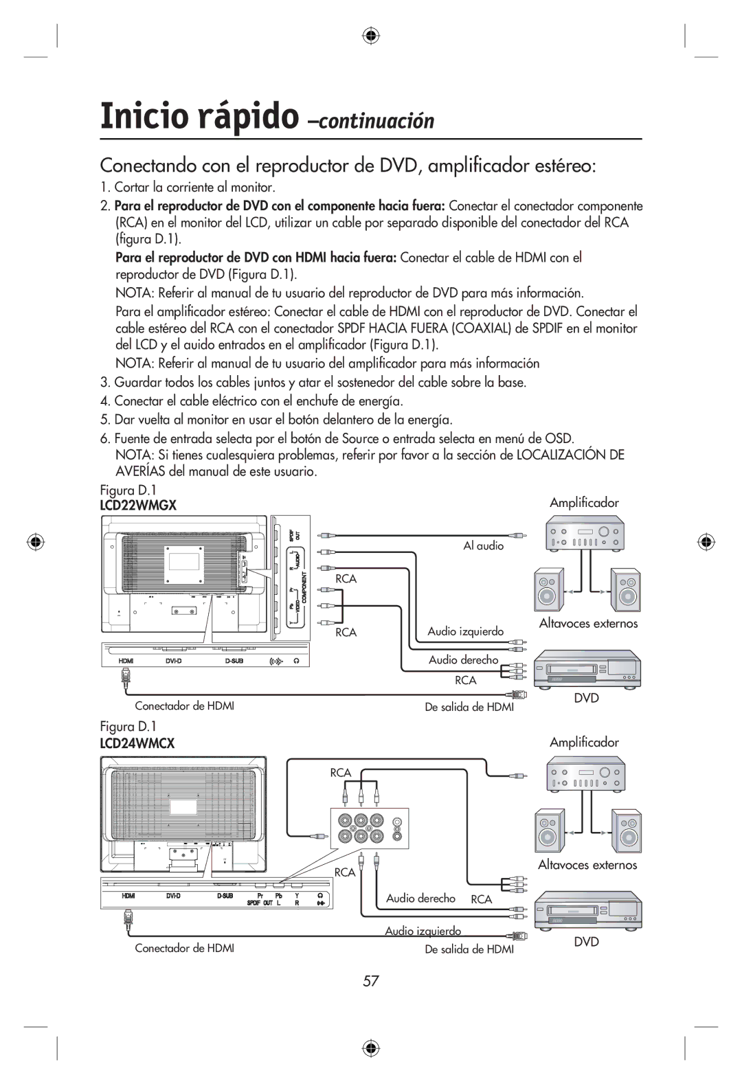 NEC LCD22WMGX, LCD24WMCX user manual Conectando con el reproductor de DVD, ampliﬁcador estéreo 