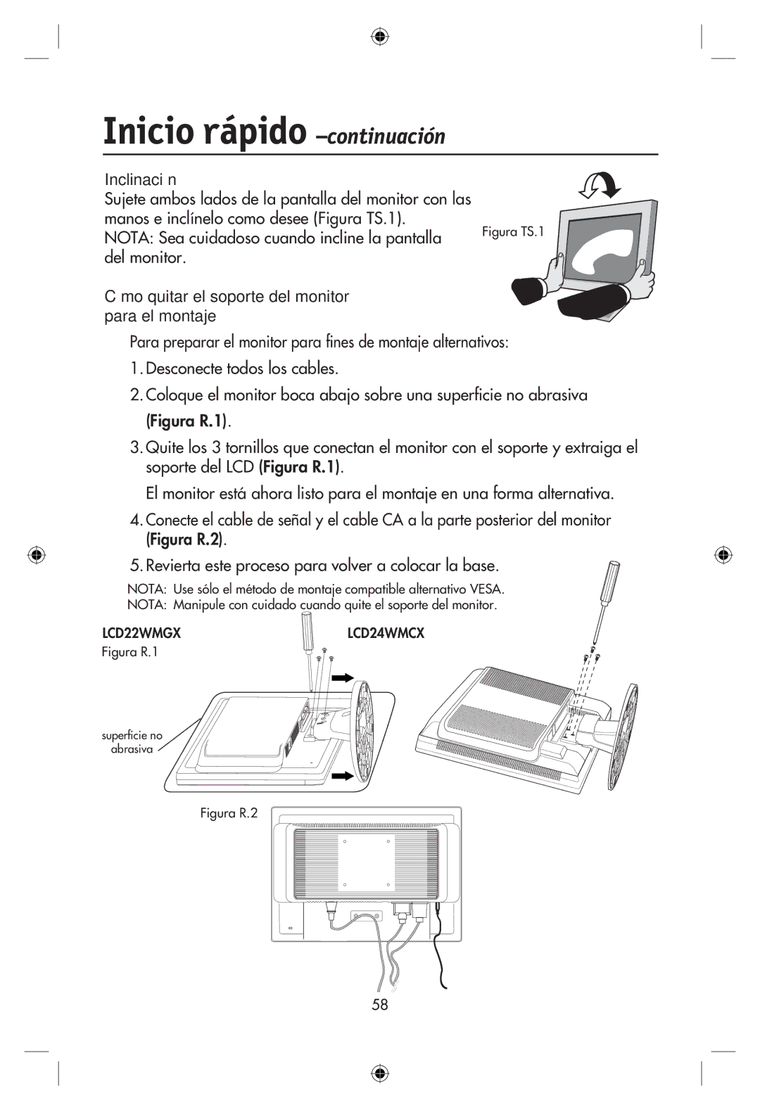 NEC LCD22WMGX, LCD24WMCX user manual Inclinación, Cómo quitar el soporte del monitor para el montaje 