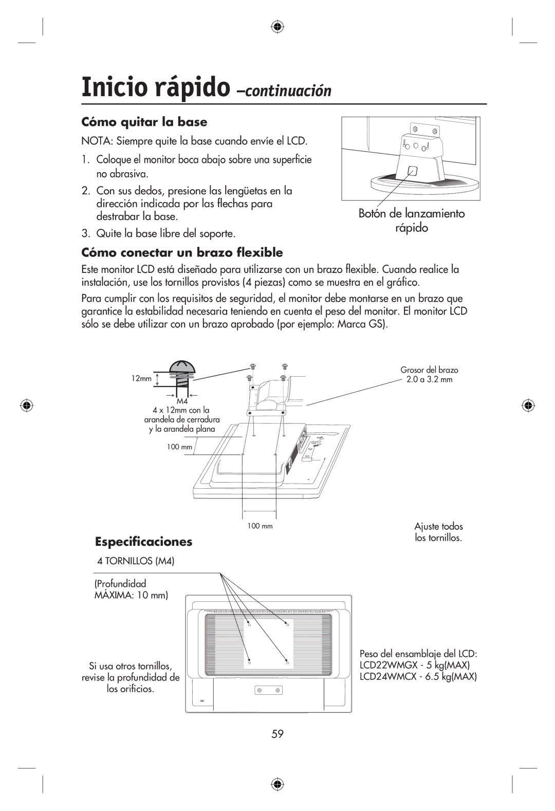 NEC LCD22WMGX, LCD24WMCX user manual Cómo quitar la base, Cómo conectar un brazo ﬂexible, Especiﬁcaciones 