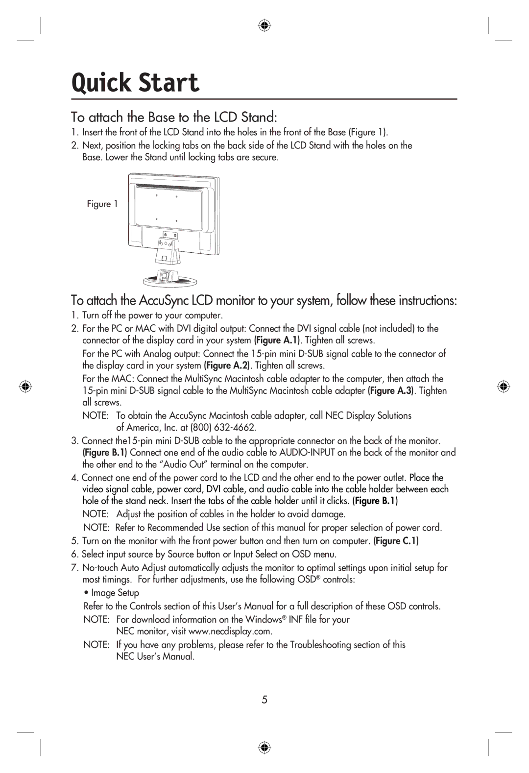 NEC LCD22WMGX, LCD24WMCX user manual Quick Start, To attach the Base to the LCD Stand 