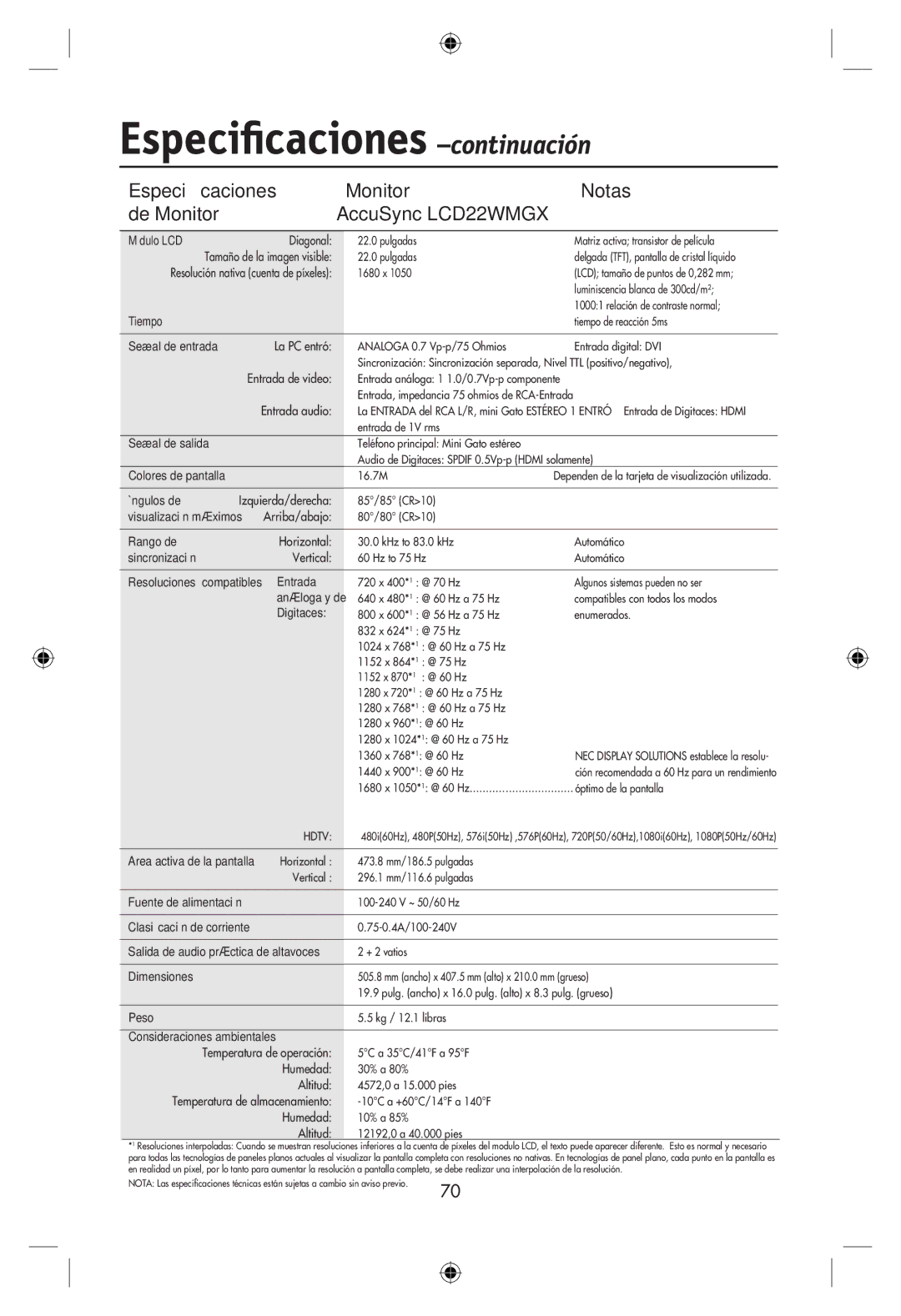 NEC LCD22WMGX, LCD24WMCX Especiﬁcaciones -continuación, Especiﬁcaciones Monitor Notas De Monitor AccuSync LCD22WMGX 