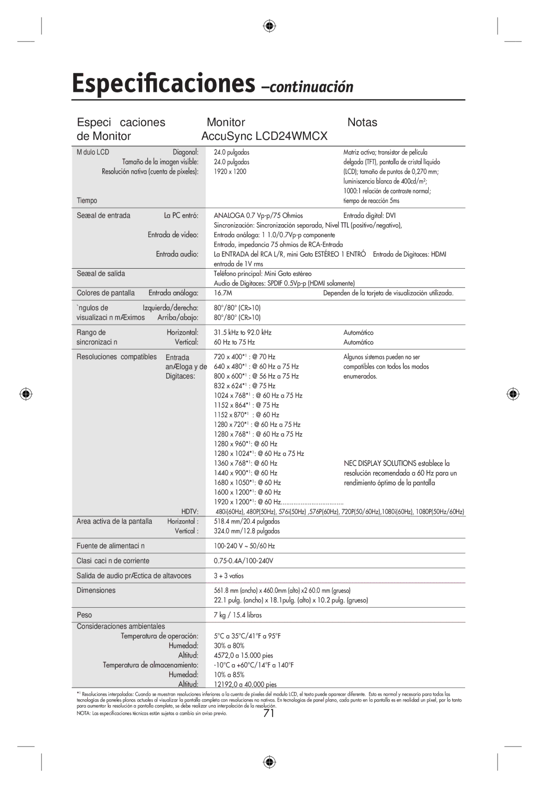 NEC LCD22WMGX, LCD24WMCX user manual Especiﬁcaciones Monitor Notas De Monitor AccuSync LCD24WMCX, La PC entró 