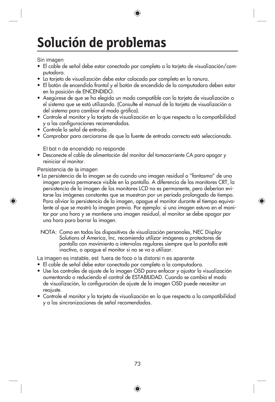 NEC LCD22WMGX, LCD24WMCX user manual Solución de problemas, Sin imagen 