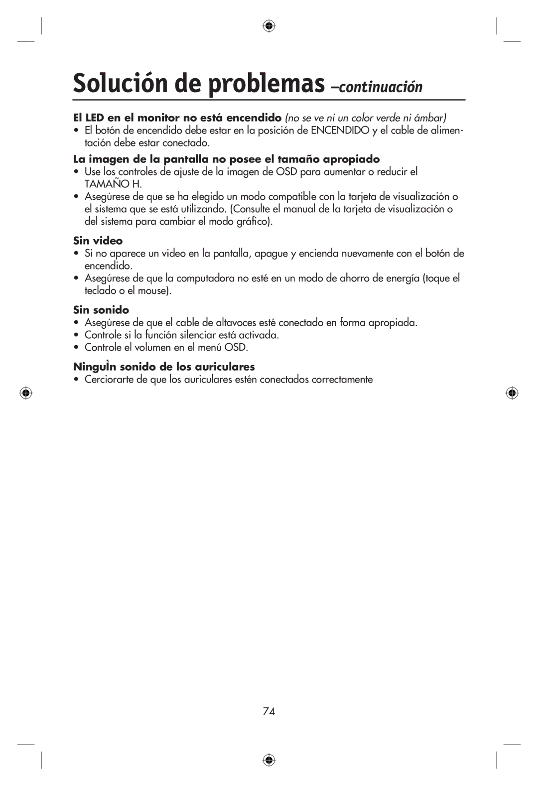 NEC LCD22WMGX, LCD24WMCX Solución de problemas -continuación, La imagen de la pantalla no posee el tamaño apropiado 