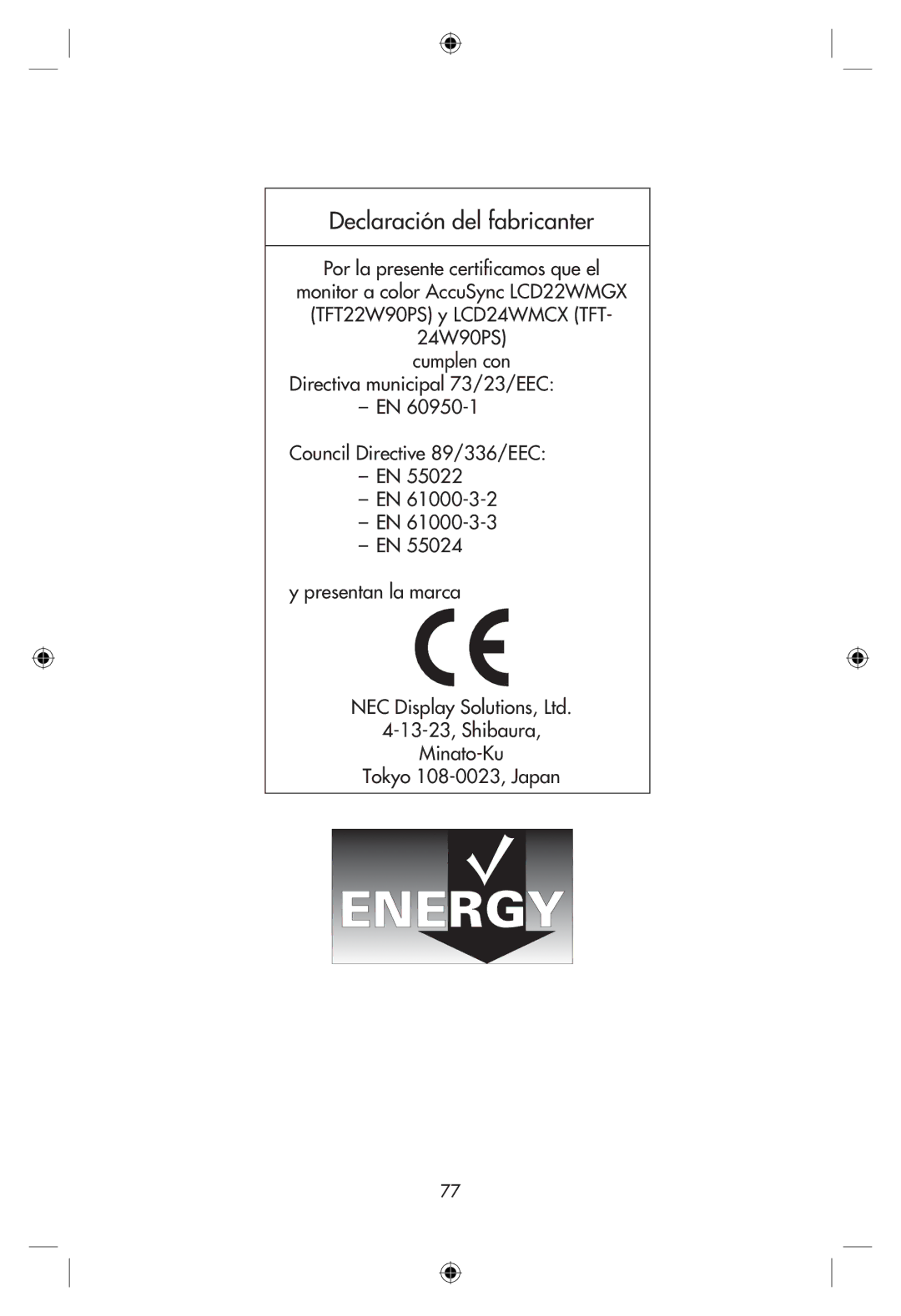 NEC LCD22WMGX, LCD24WMCX user manual Declaración del fabricanter 