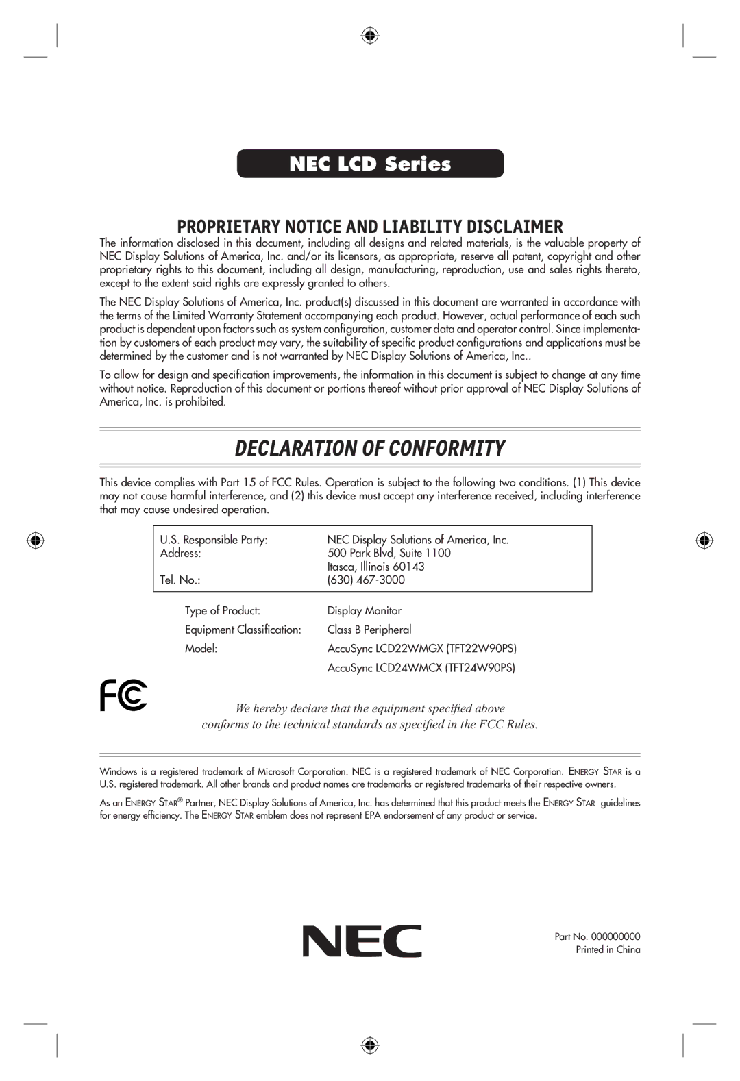 NEC LCD22WMGX, LCD24WMCX user manual Declaration of Conformity 