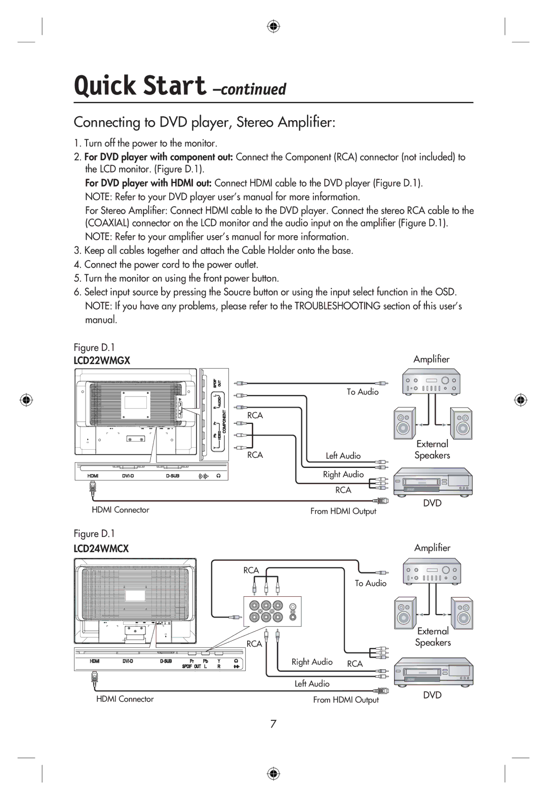 NEC LCD22WMGX, LCD24WMCX user manual Connecting to DVD player, Stereo Ampliﬁer 