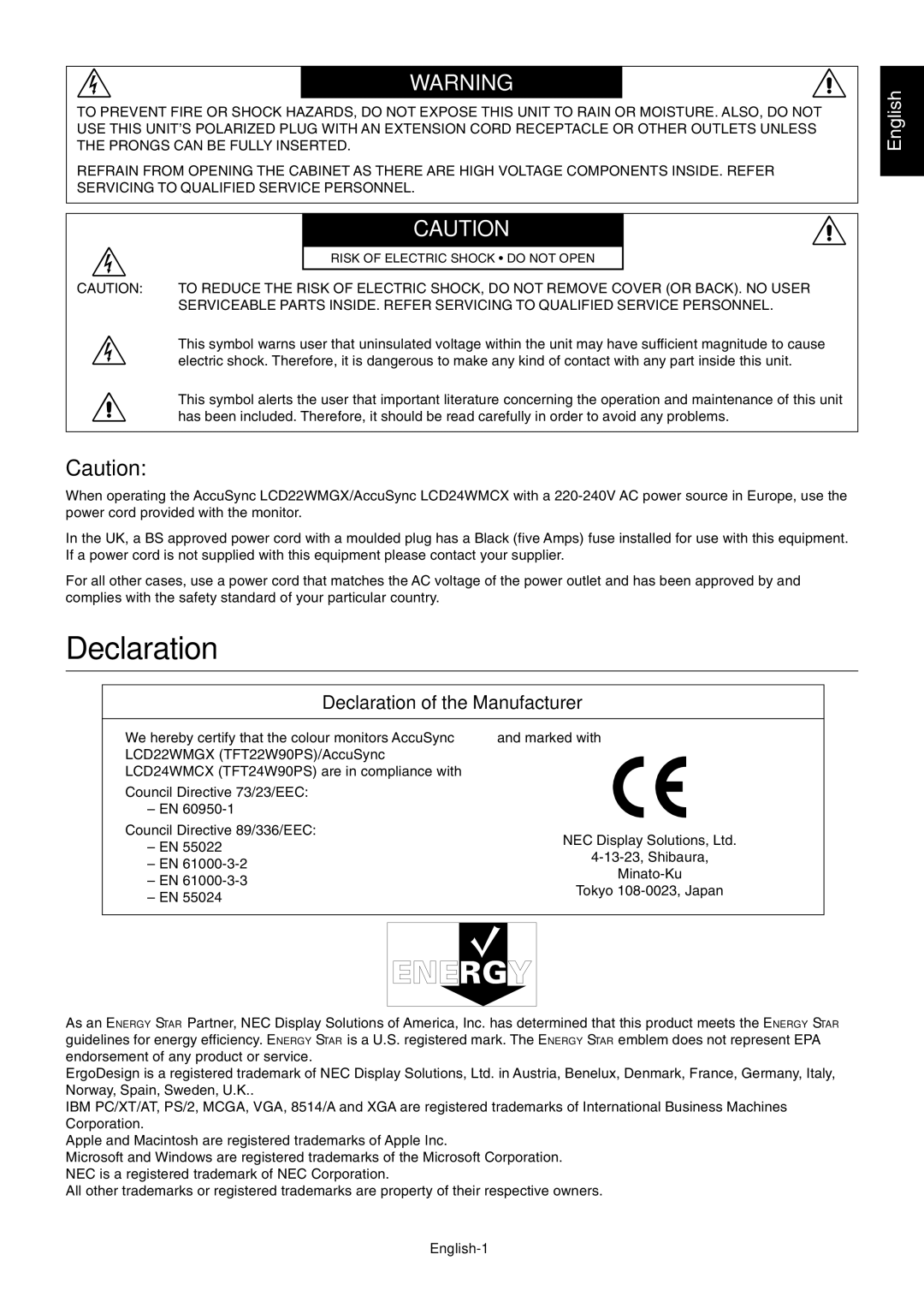 NEC LCD22WMGX user manual Declaration of the Manufacturer, English-1 