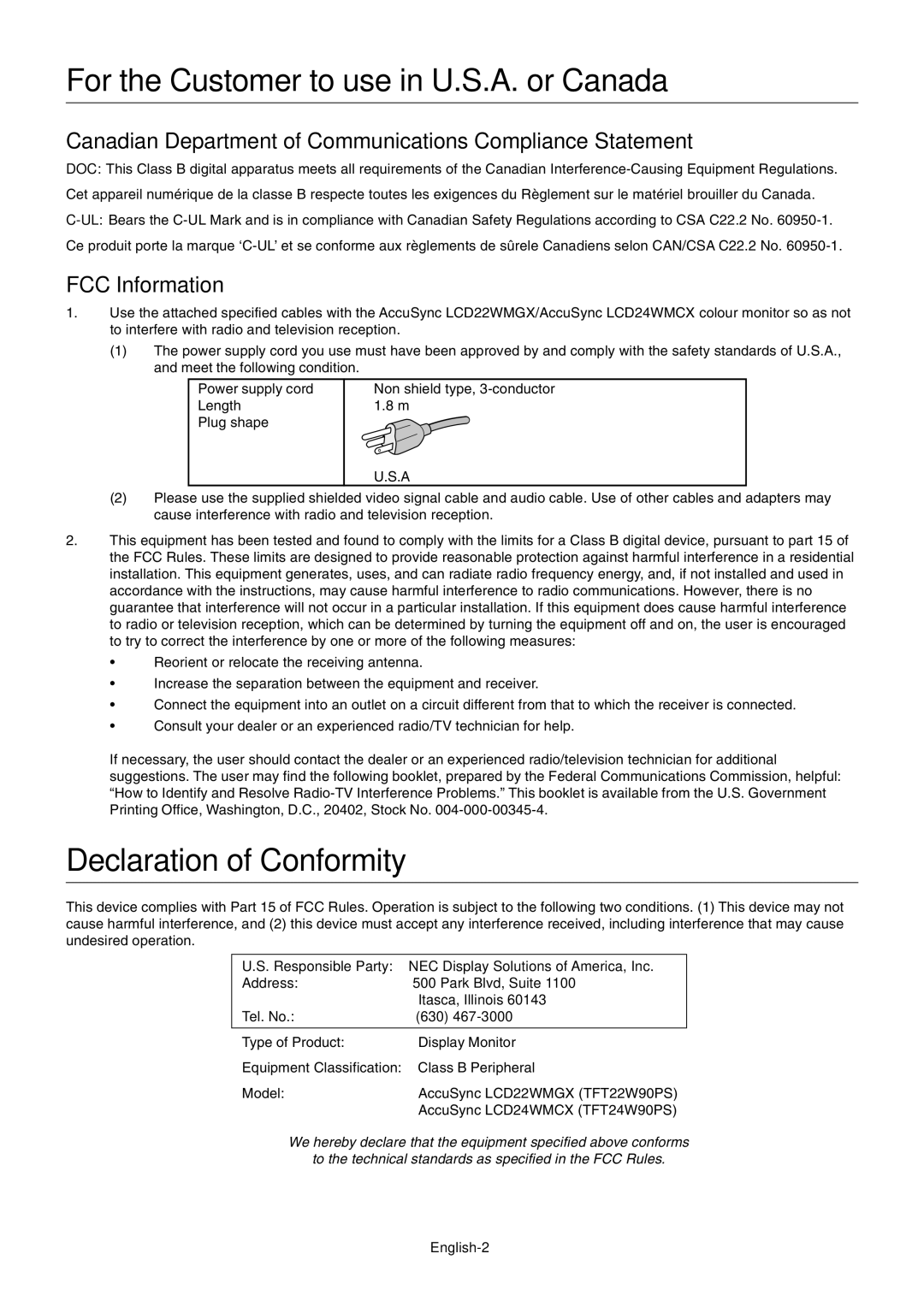 NEC LCD22WMGX For the Customer to use in U.S.A. or Canada, Declaration of Conformity, FCC Information, English-2 