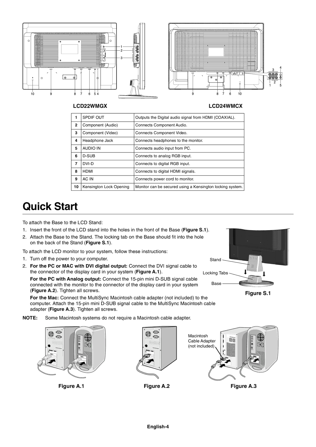 NEC LCD22WMGX user manual Quick Start, English-4 